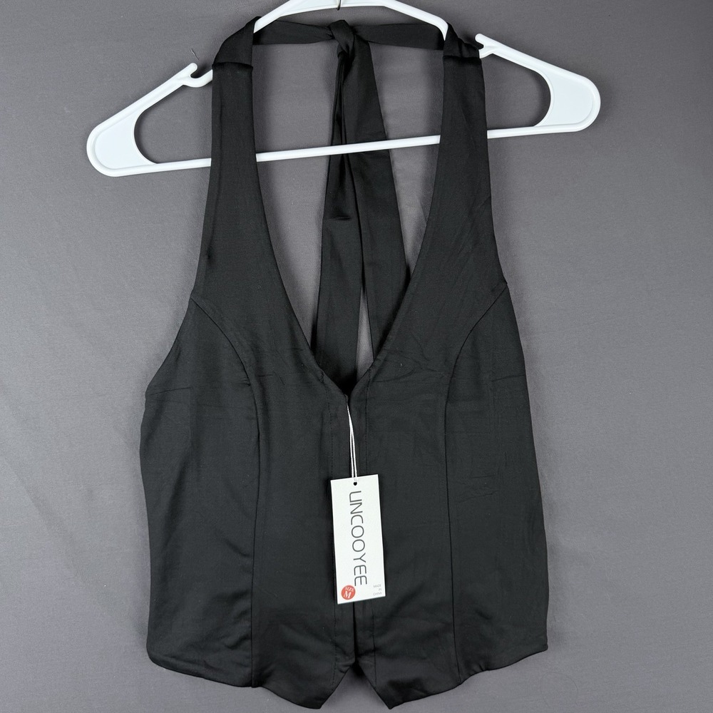 NWT UNCOOYEE Black Satin Deep V Halter Camisole Top M Lace-Up Sleeveless - Picture 2 of 8